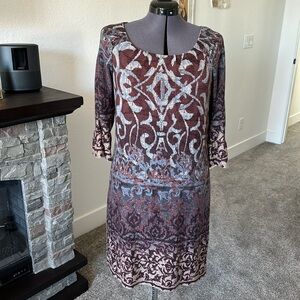 Size 12 women’s 3/4 sleeve dress with multiple colors. brown/gray/tan/slate blue